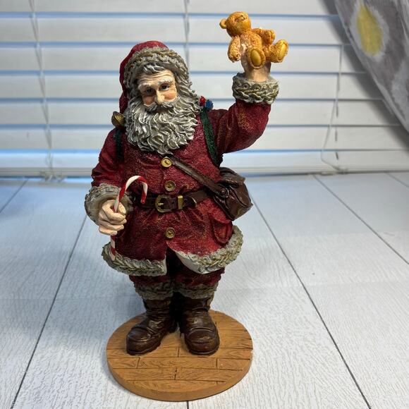 Santa Claus Figurine Holding Candy Cane & Teddy Bear  Holiday Decor - Picture 1 of 12